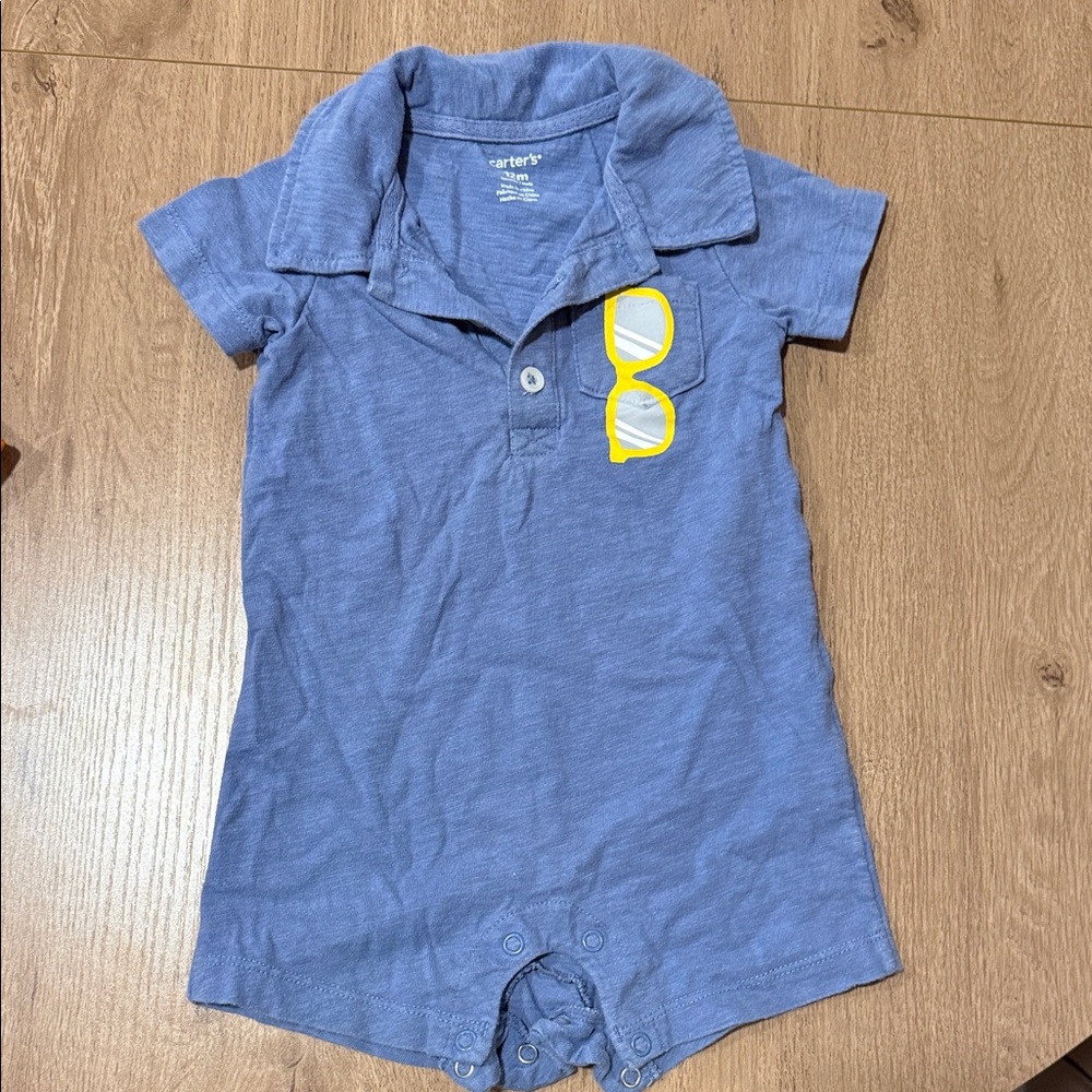 Carter's Blue Collared Romper with Yellow Sunglasses